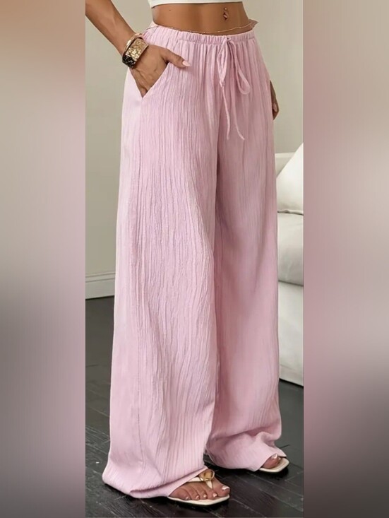 Pants - Relaxed Wide-Leg Pink Drawstring Pants